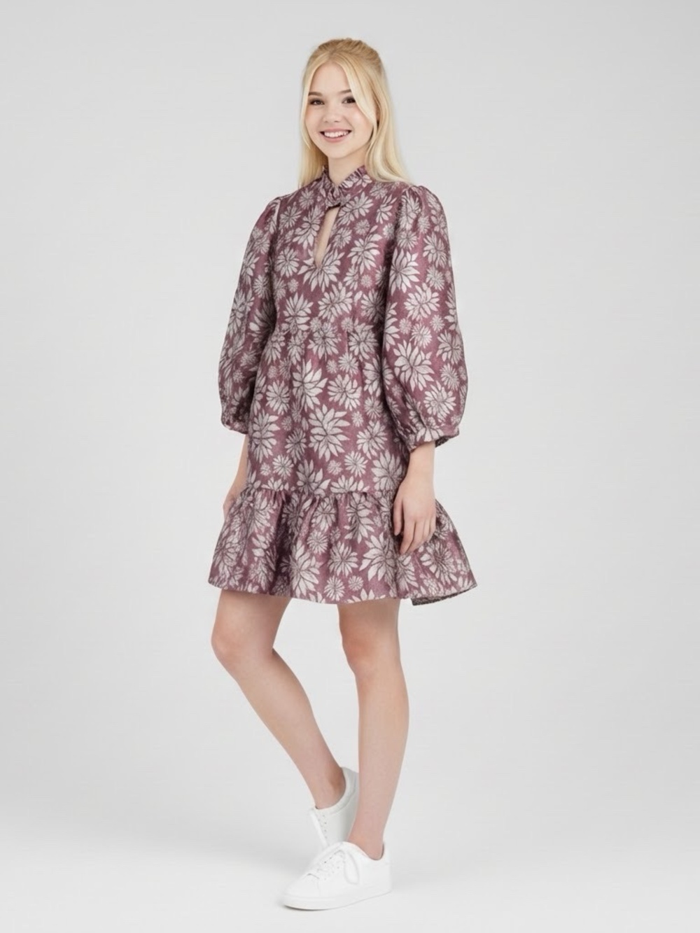 & Merci brocade pink floral flounce puff sleeve mini dress L